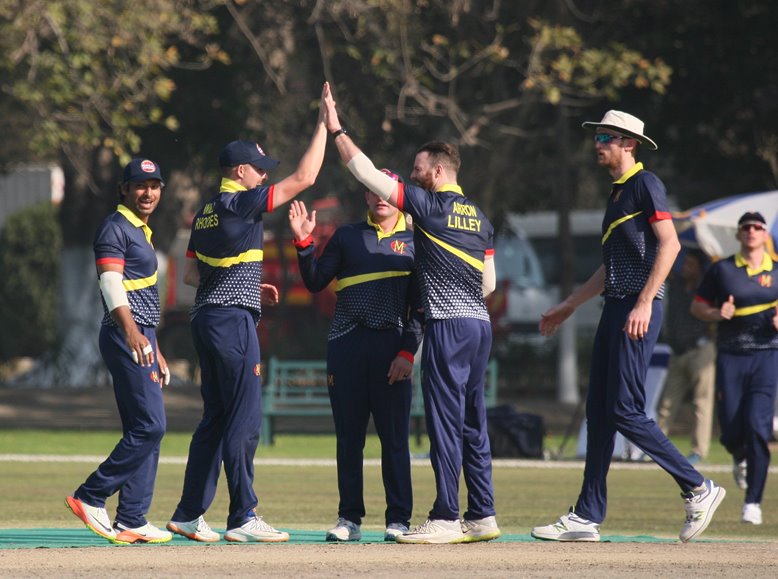 MCC celebrate another wicket in match versus Pakistan Shaheens