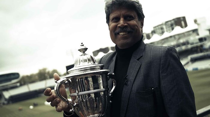 Kapil Dev with the 1983 Prudential Trophy in 2019