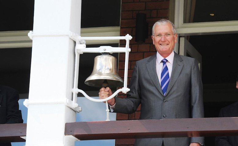 Bob Willis rings the 5-minute bell at Lord's, 2010