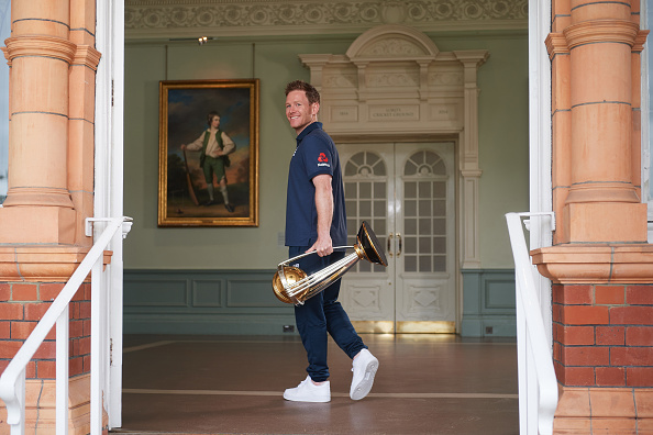 Eoin Morgan with the World Cup trophy in the Lord's Pavilion