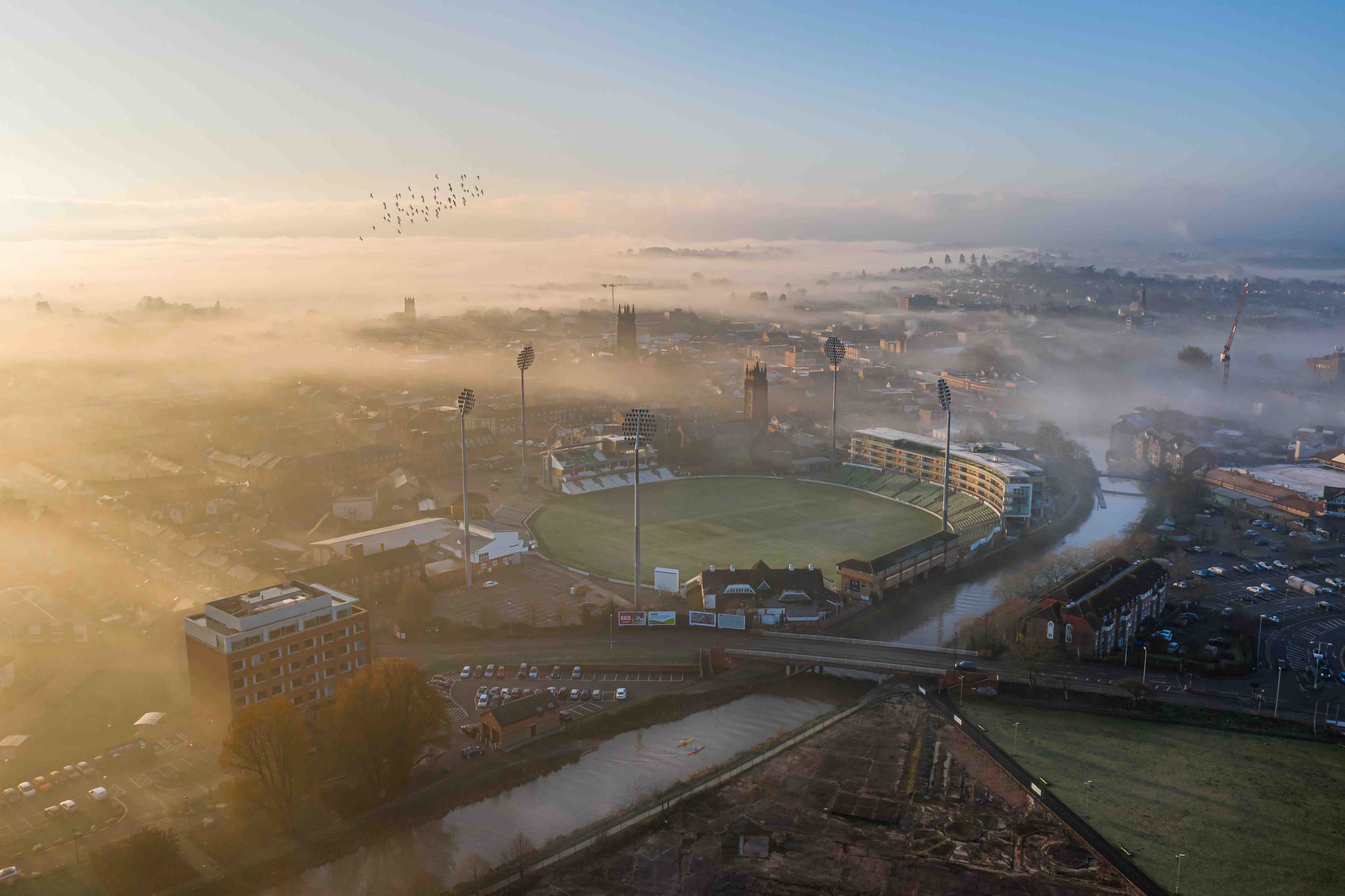 A misty sunrise over Somerset County Ground.