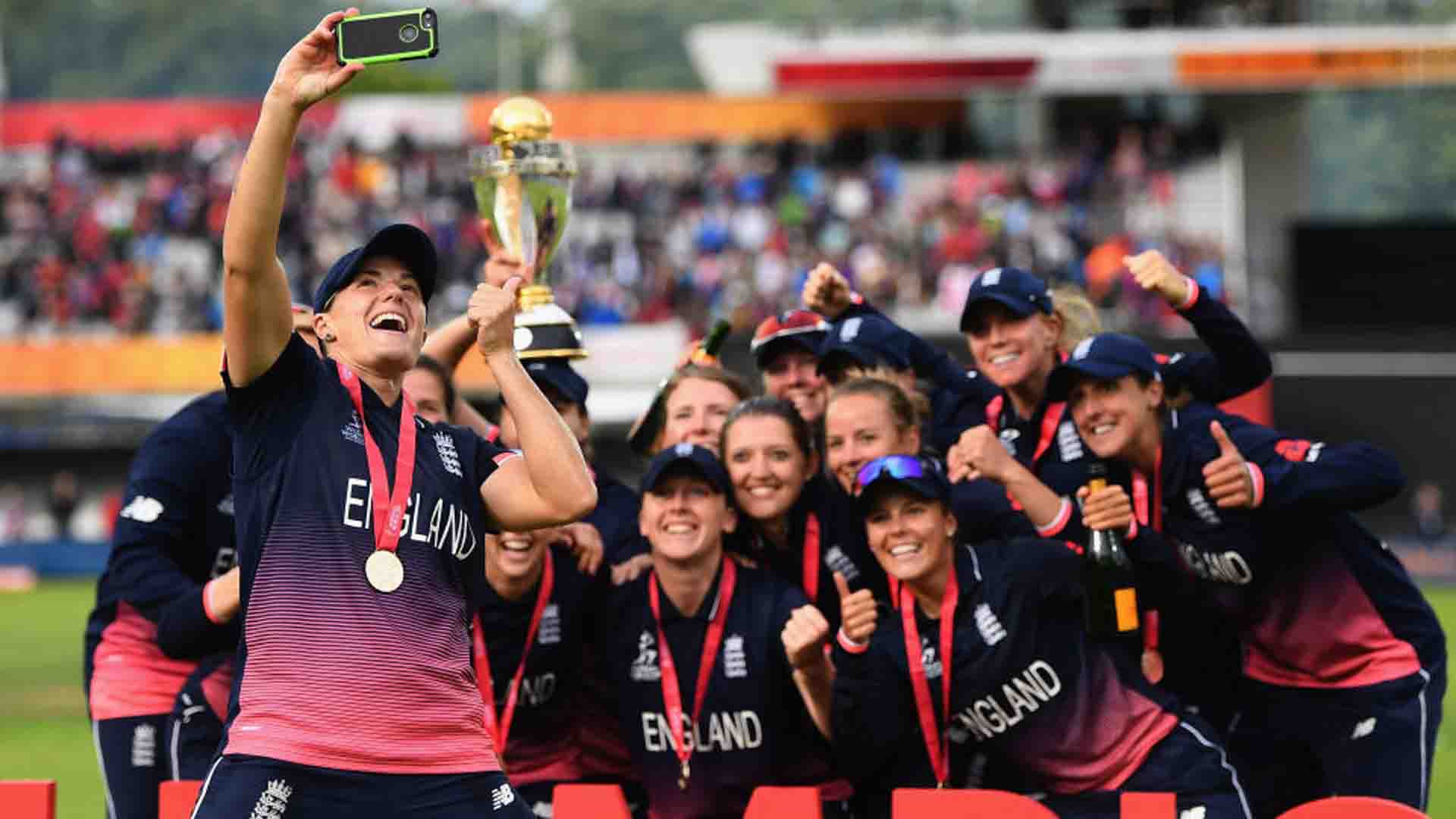 atherine Brunt of England poses for a selfie with team-mates after winning the ICC Women's World Cup 2017 Fina