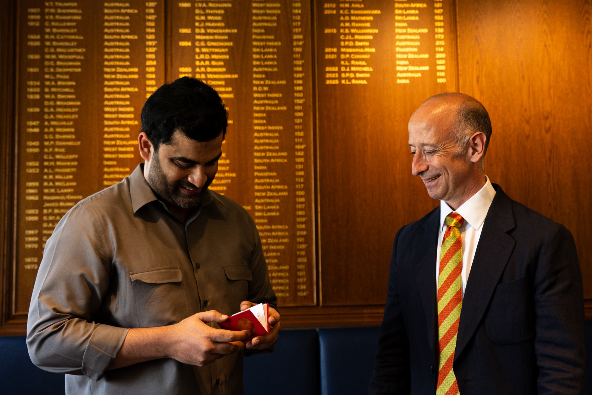 Tamim Iqbal holding his MCC Honorary Life Membership wtih MCC CEO, Rob Lawson, in Away Dressing Room at Lord's.