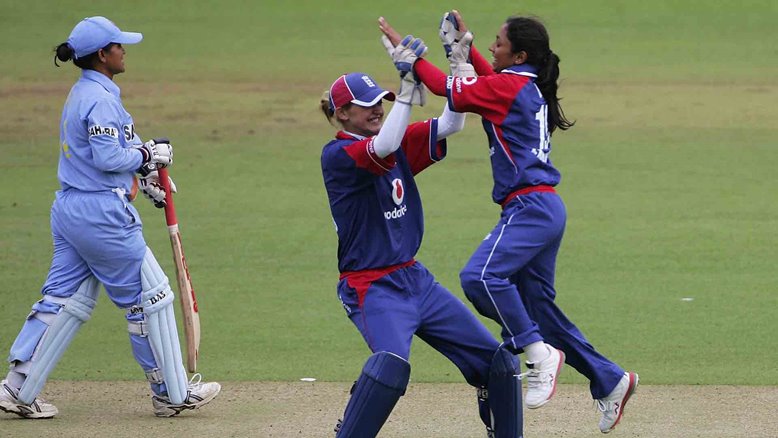 Isa Guha takes a wicket for England at Lord's